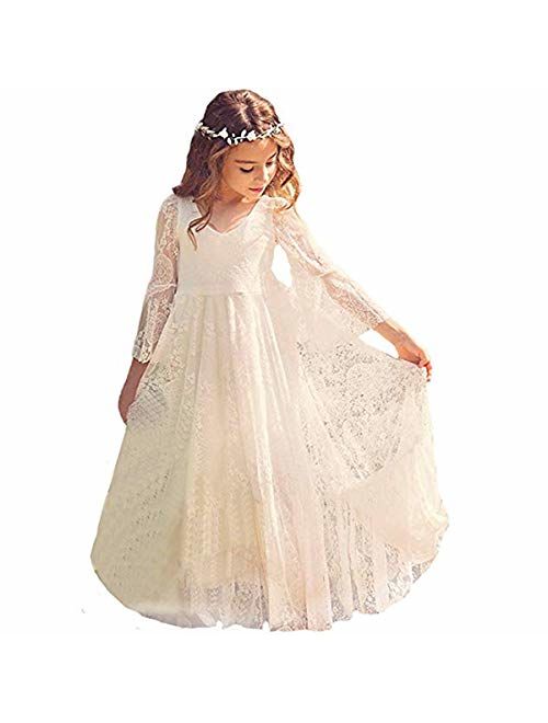 CQDY Flower Girl Dress Lace Dress for Wedding White Ivory Dress Long Sleeve 2-15T