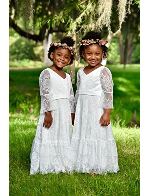 CQDY Flower Girl Dress Lace Dress for Wedding White Ivory Dress Long Sleeve 2-15T