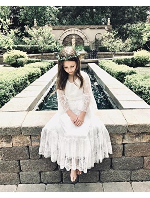 CQDY Flower Girl Dress Lace Dress for Wedding White Ivory Dress Long Sleeve 2-15T