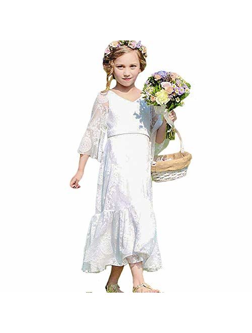 CQDY Flower Girl Dress Lace Dress for Wedding White Ivory Dress Long Sleeve 2-15T