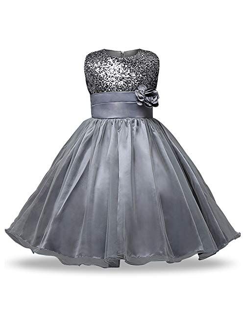 FREE FISHER Girls Dresses Sequin Flower Girls Party Dress Bridesmaid Ball Gown Wedding Tulle 3-10 Years