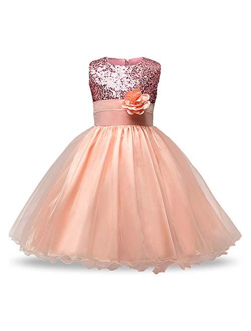 FREE FISHER Girls Dresses Sequin Flower Girls Party Dress Bridesmaid Ball Gown Wedding Tulle 3-10 Years