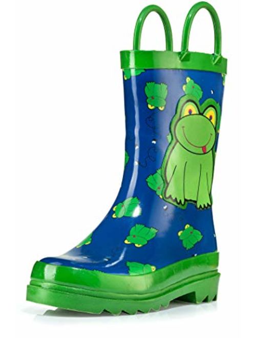 Puddle Play Toddler and Kids Waterproof Rubber Rain Boots with Easy-On Handles Boys and Girls Colors and Designs