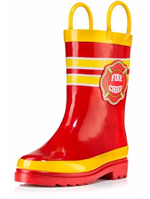 Puddle Play Toddler and Kids Waterproof Rubber Rain Boots with Easy-On Handles Boys and Girls Colors and Designs