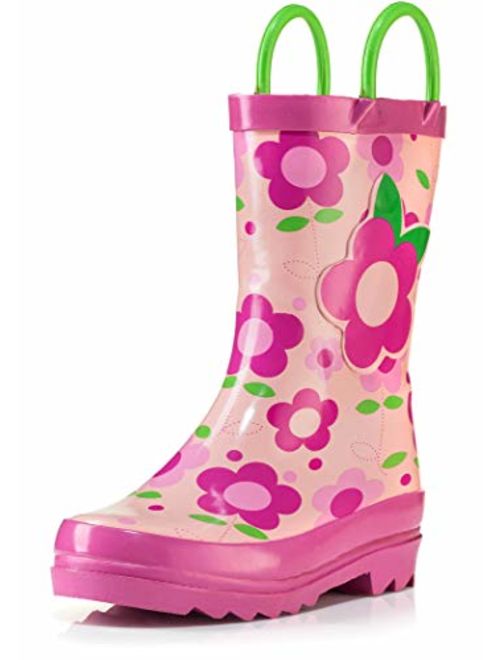 Puddle Play Toddler and Kids Waterproof Rubber Rain Boots with Easy-On Handles Boys and Girls Colors and Designs