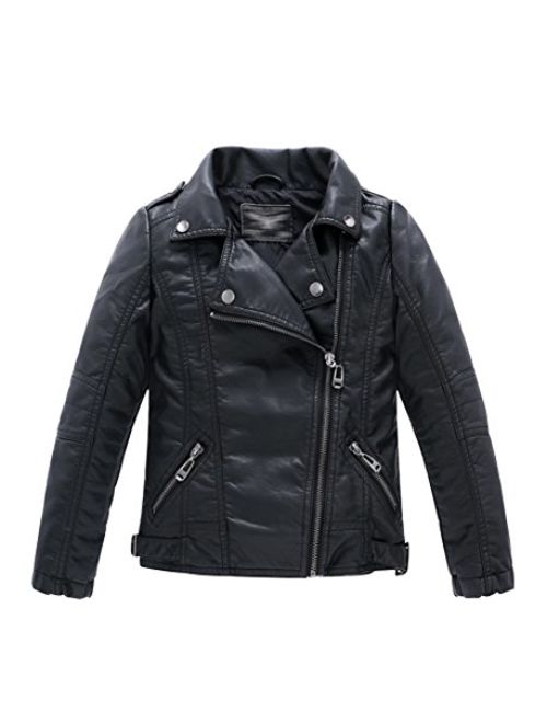 LOKTARC Boys Girls Spring Motorcycle Faux Leather Jackets with Oblique Zipper