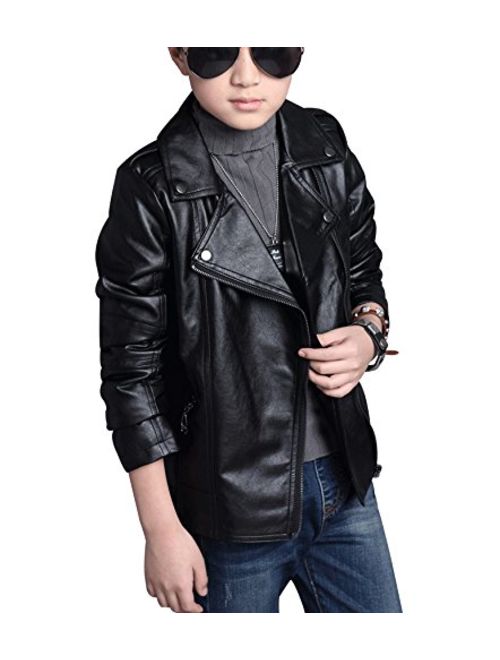 LOKTARC Boys Girls Spring Motorcycle Faux Leather Jackets with Oblique Zipper