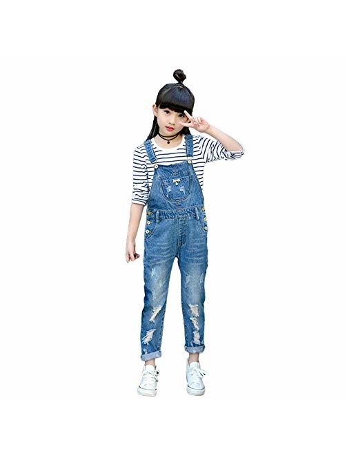 Digirlsor Girls Overalls Little Big Kids Distressed Denim Bib Pants Ripped Blue Jeans Romper Jumpsuit, 3-12Y