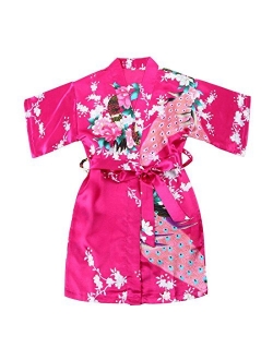 WONDERFIT Girls Stain Kimono Peacock Flower Robe for Spa Wedding Birthday