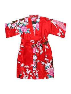 WONDERFIT Girls Stain Kimono Peacock Flower Robe for Spa Wedding Birthday