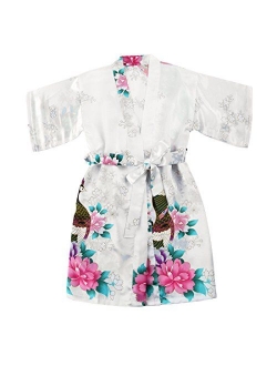 WONDERFIT Girls Stain Kimono Peacock Flower Robe for Spa Wedding Birthday