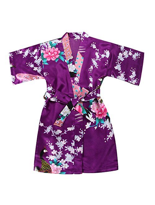 WONDERFIT Girls Stain Kimono Peacock Flower Robe for Spa Wedding Birthday