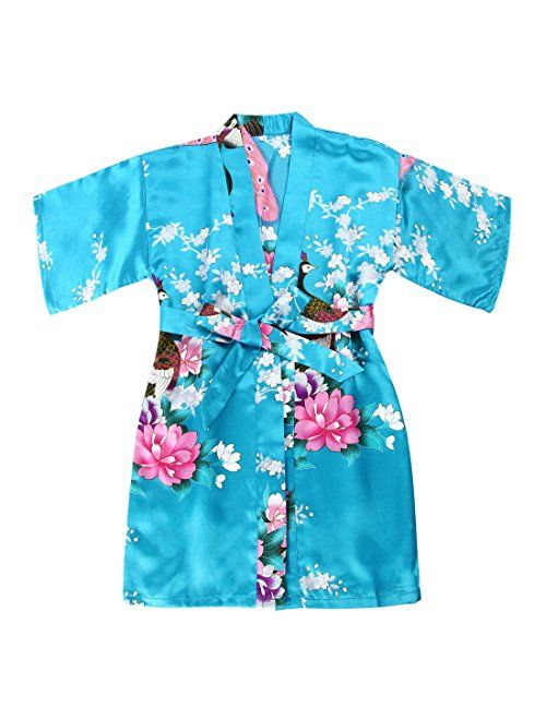 WONDERFIT Girls Stain Kimono Peacock Flower Robe for Spa Wedding Birthday