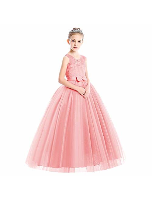 Big Girls Tulle Lace Princess Bowknot Dress Flower Girl Wedding Bridesmaid Dresses Evening Birthday Party Dress Ball Gown # Pink 5-6 Years