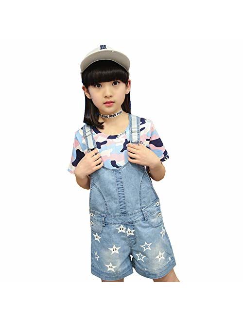 Digirlsor Girls Shortalls Toddler Kids Stars Print Denim Bib Overall Shorts Summer Romper Jumpsuit, 4-12 Years