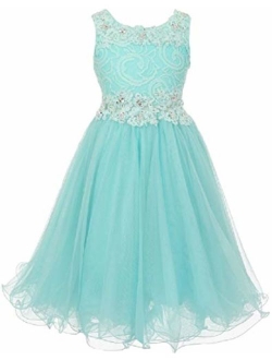 Little Girls See Through Waistline Lace Flowers Girls Dresses