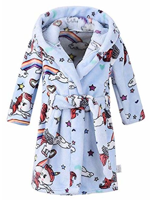 Little Toddlers Bbay Kids Soft Fleece Flannel Cartton Unicore Long Sleeve Hooded Bathrobe Pajama Sleepwear