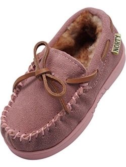 NORTY Toddler Little Kid Big Kid Genuine Leather Cowhide Suede Moccasin Slippers