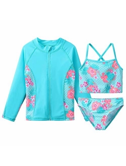 TFJH E Girls Swimsuit SPF UPF 50+ UV 3PCS Rash Guard Swimwear Sunsuits Zipper