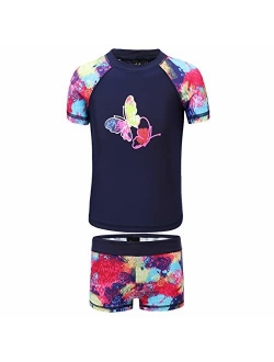 PHIBEE Girls' Short Sleeve Rash Guard Set UPF 50+ Sun Protection Two-Piece Swimwear