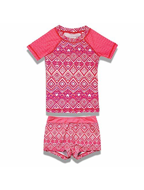 PHIBEE Girls' Short Sleeve Rash Guard Set UPF 50+ Sun Protection Two-Piece Swimwear