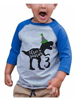 7 ate 9 Apparel Kid's Three Dinosaur Birthday Blue Raglan Tee