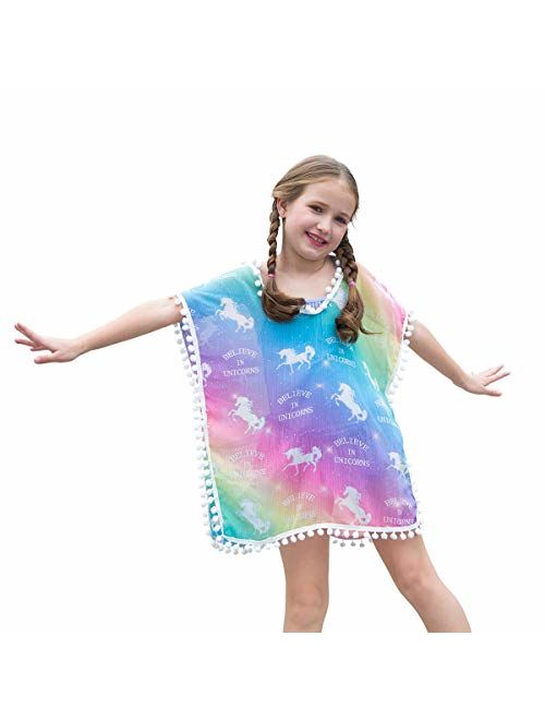Kid Girls Chiffon Unicorn Mermaid Cover-up Beach Swimsuit Coverup Pompom Tassel