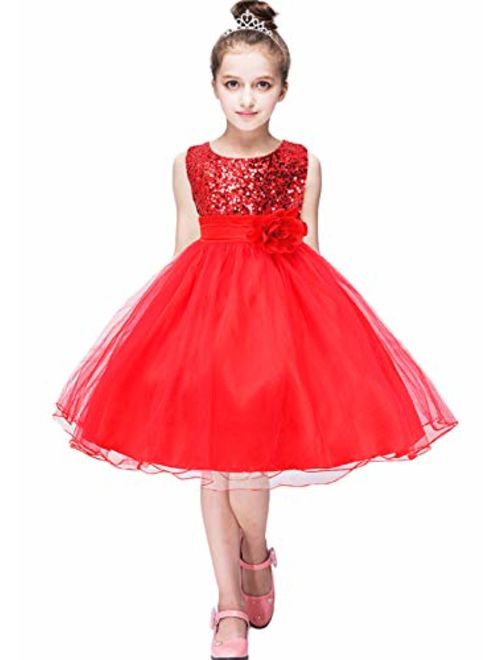 GRASWE Girls Sequin Princess Dress Flower Lace Tutu Tulle Party Evening Dress