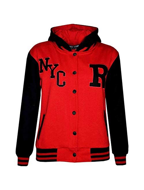 Kids Girls Boys R Fashion NYC Fox Baseball Hooded Jacket Varsity Hoodie 2-13 Yrs