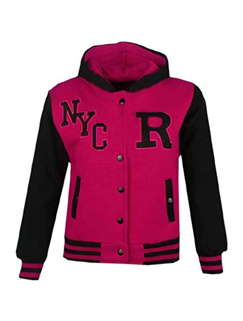 Kids Girls Boys R Fashion NYC Fox Baseball Hooded Jacket Varsity Hoodie 2-13 Yrs