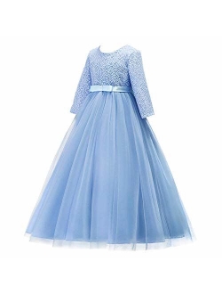 Girls Long Lace Bridesmaid Dress 3/4 Sleeves Floor Length Maxi Tulle Pageant Ball Gowns Wedding Party Dresses for Kids