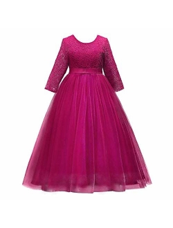 Girls Long Lace Bridesmaid Dress 3/4 Sleeves Floor Length Maxi Tulle Pageant Ball Gowns Wedding Party Dresses for Kids