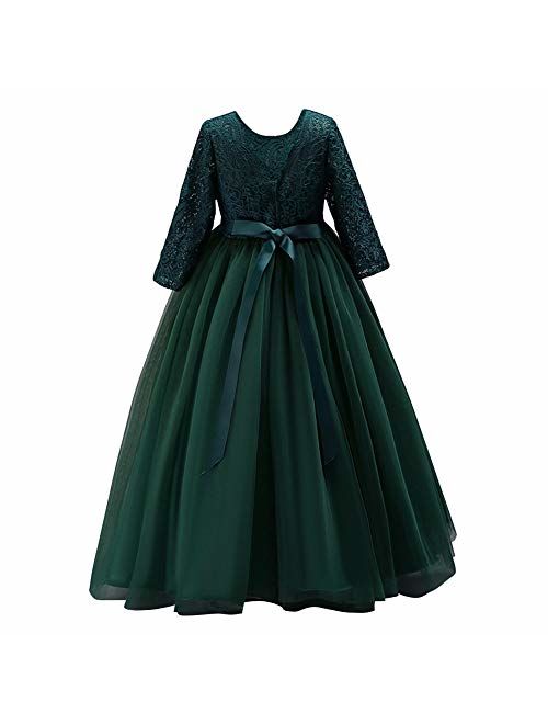 Girls Long Lace Bridesmaid Dress 3/4 Sleeves Floor Length Maxi Tulle Pageant Ball Gowns Wedding Party Dresses for Kids