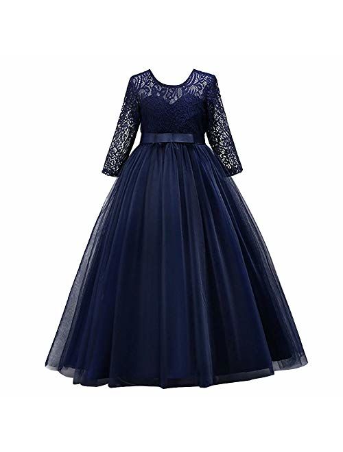 Girls Long Lace Bridesmaid Dress 3/4 Sleeves Floor Length Maxi Tulle Pageant Ball Gowns Wedding Party Dresses for Kids