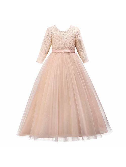 Girls Long Lace Bridesmaid Dress 3/4 Sleeves Floor Length Maxi Tulle Pageant Ball Gowns Wedding Party Dresses for Kids