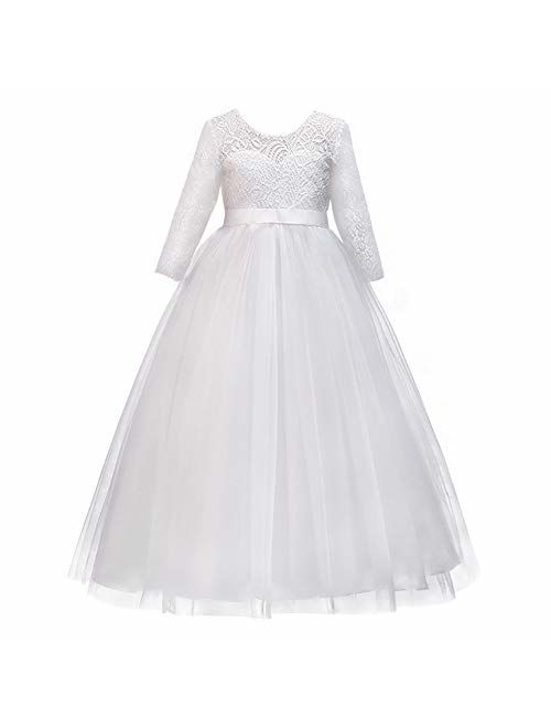 Girls Long Lace Bridesmaid Dress 3/4 Sleeves Floor Length Maxi Tulle Pageant Ball Gowns Wedding Party Dresses for Kids