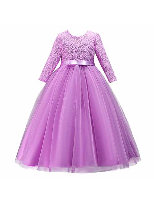 Girls Long Lace Bridesmaid Dress 3/4 Sleeves Floor Length Maxi Tulle Pageant Ball Gowns Wedding Party Dresses for Kids