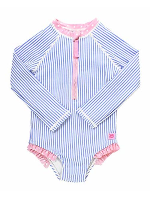 RuffleButts Girls Long Sleeve Zipper Rash Guard One Piece w/UPF 50+ Sun Protection