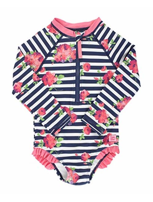 RuffleButts Girls Long Sleeve Zipper Rash Guard One Piece w/UPF 50+ Sun Protection