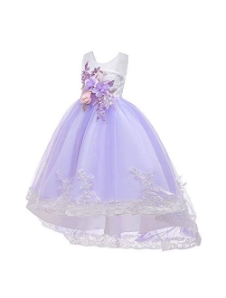 Little Big Girl Flower Deep-V Back Lace Pageant Long Dress Wedding Party Formal Evening Dance Gowns