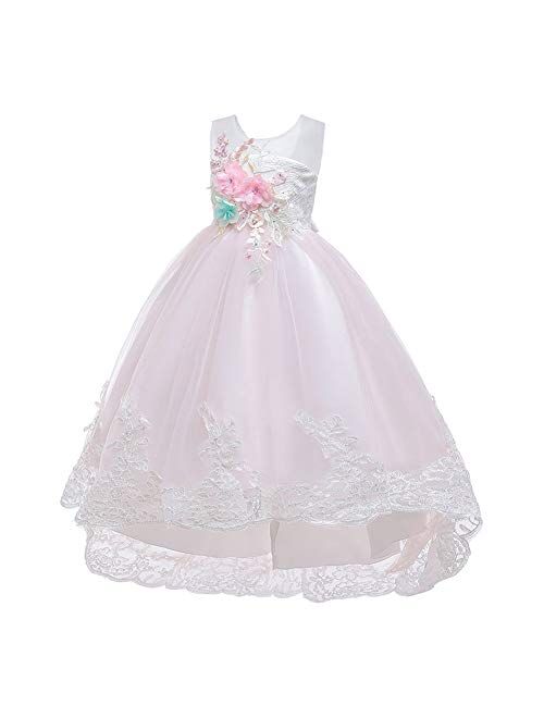 Little Big Girl Flower Deep-V Back Lace Pageant Long Dress Wedding Party Formal Evening Dance Gowns