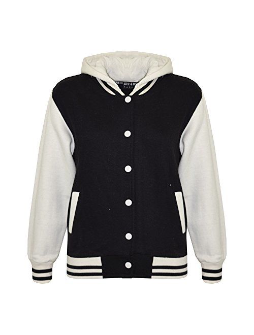 Kids Girls Boys Baseball Plain Hooded Jacket Stylish Varsity Hoodie 5-13 Years