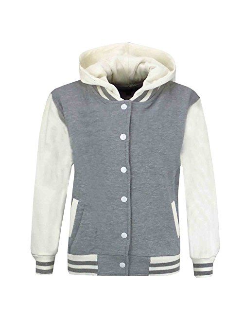 Kids Girls Boys Baseball Plain Hooded Jacket Stylish Varsity Hoodie 5-13 Years