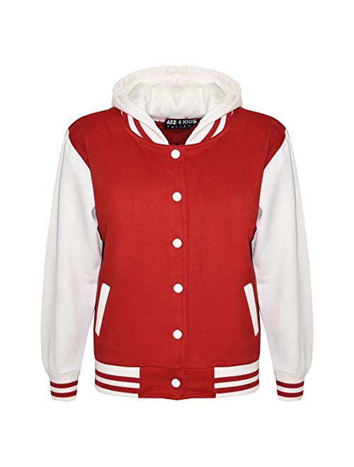 Kids Girls Boys Baseball Plain Hooded Jacket Stylish Varsity Hoodie 5-13 Years