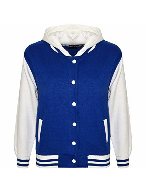 Kids Girls Boys Baseball Plain Hooded Jacket Stylish Varsity Hoodie 5-13 Years