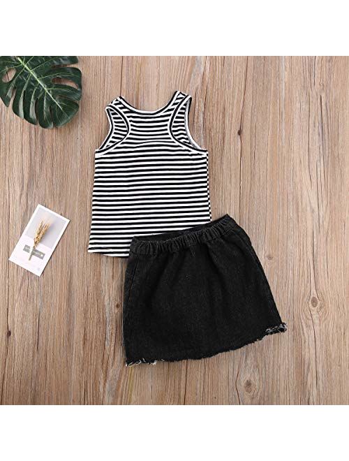 Toddler Baby Kids Girl Summer Clothes Short Sleeve T-Shirt Tops + Mini Button Skirt Set Denim Outfits