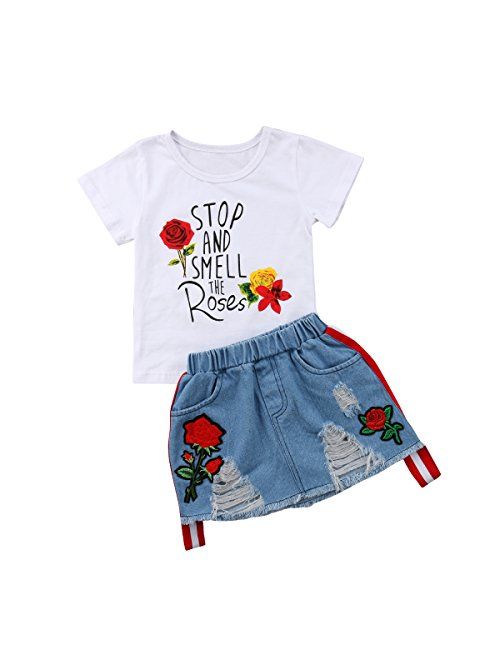 Toddler Baby Kids Girl Summer Clothes Short Sleeve T-Shirt Tops + Mini Button Skirt Set Denim Outfits