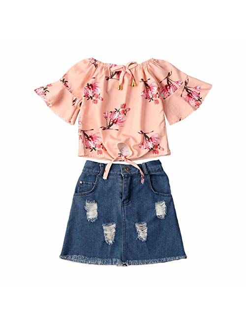 Toddler Baby Kids Girl Summer Clothes Short Sleeve T-Shirt Tops + Mini Button Skirt Set Denim Outfits