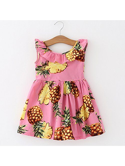 Bestime Hawaiian Girls Dresses Pink Pineapple Yellow Lemon Printed Ruffles Backless Cotton Sleeveless Dress