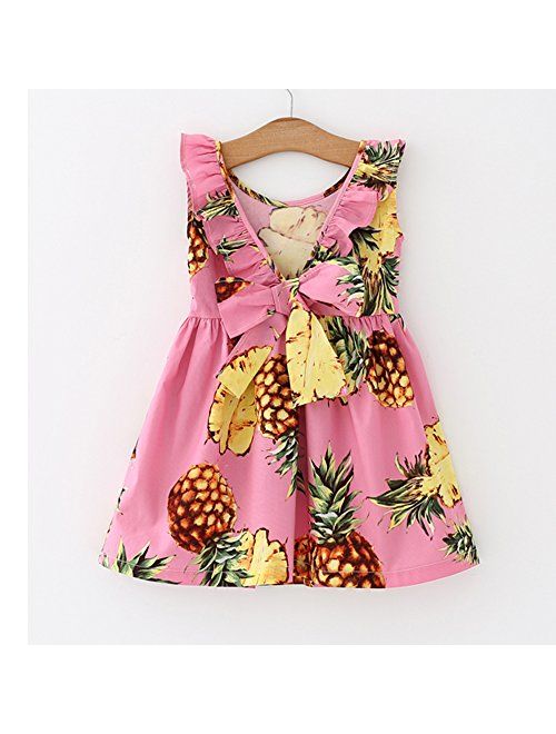 Bestime Hawaiian Girls Dresses Pink Pineapple Yellow Lemon Printed Ruffles Backless Cotton Sleeveless Dress